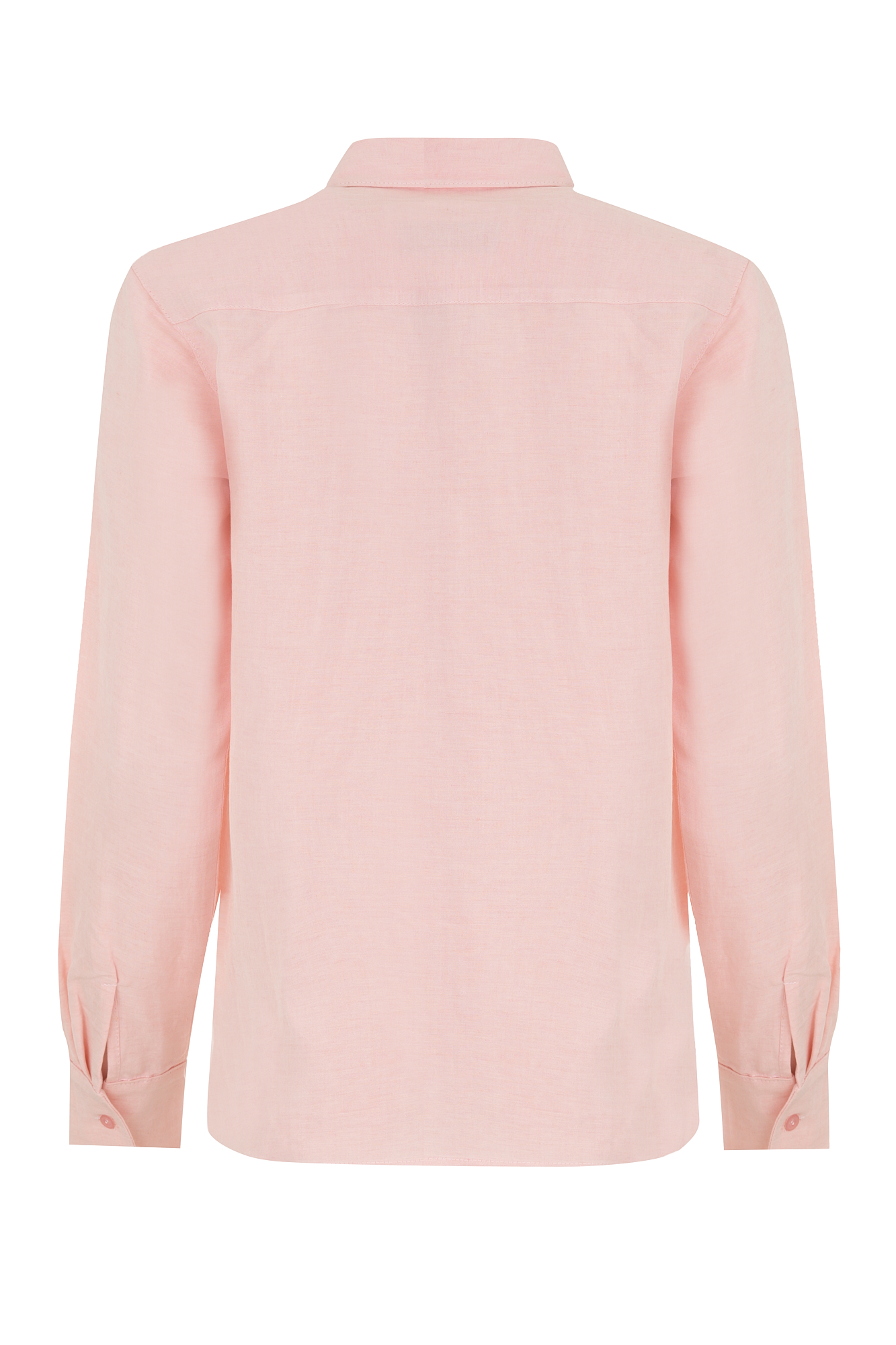 Back view of a pink long-sleeve shirt with a tailored collar and buttoned cuffs. Perfect for casual or formal occasions offering a blend of comfort and style.