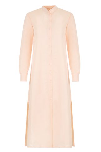 Elegant light pink long-sleeve button-down dress with a mandarin collar. Ideal for casual or formal occasions offering a blend of comfort and style for modern women.