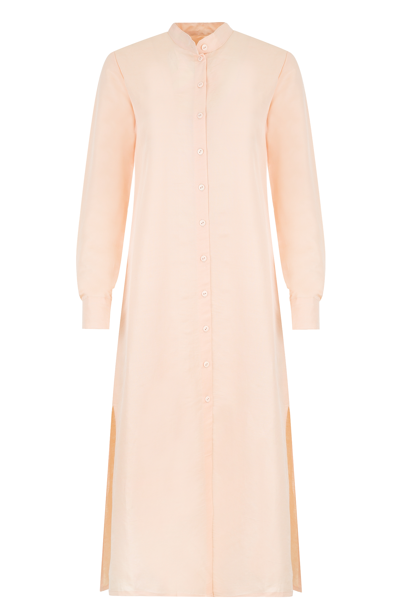 Elegant light pink long-sleeve button-down dress with a mandarin collar. Ideal for casual or formal occasions offering a blend of comfort and style for modern women.