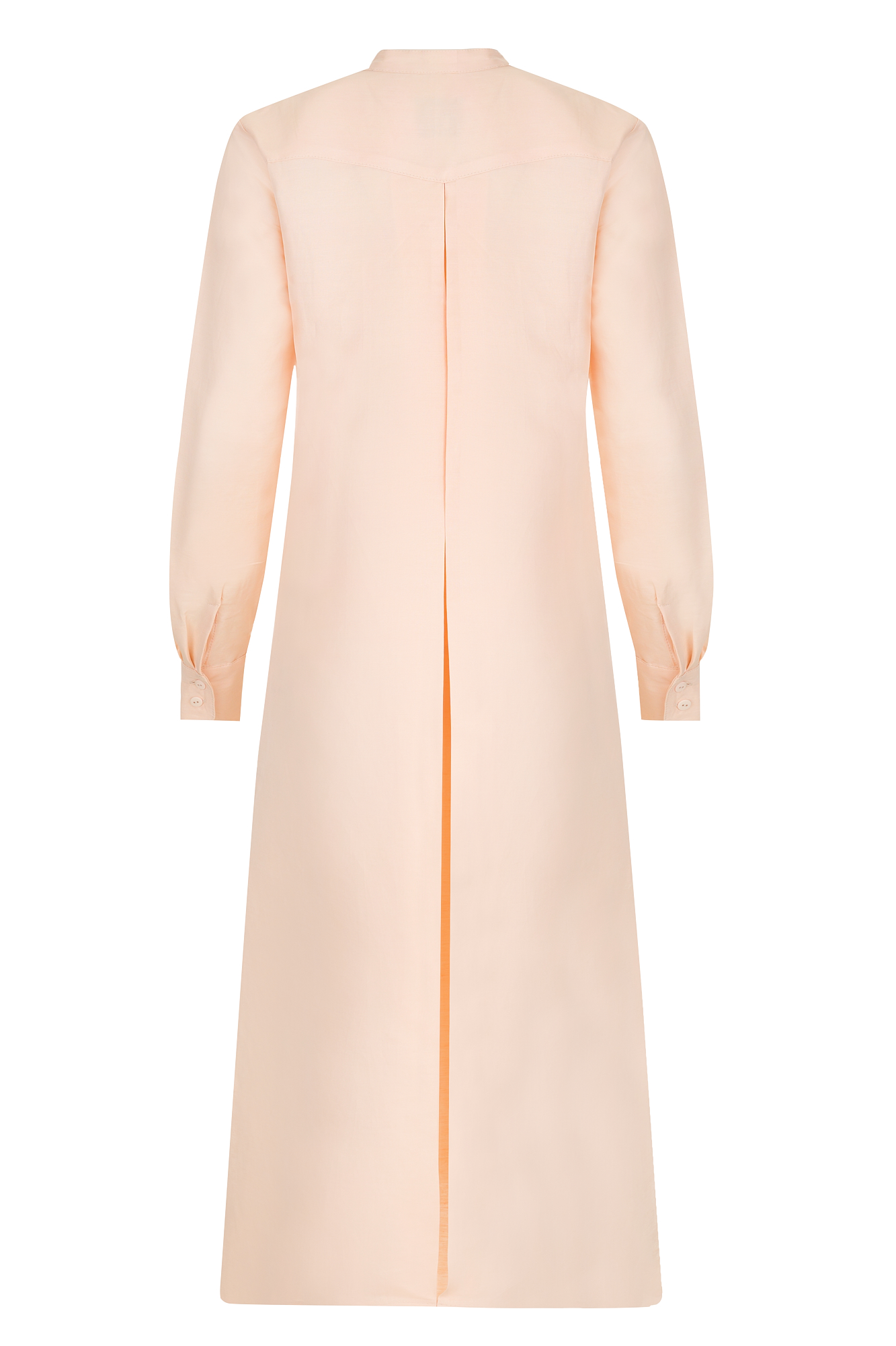 Elegant long-sleeve peach coat dress featuring a pleat detail down the back and buttoned cuffs providing a sophisticated and stylish addition to any wardrobe