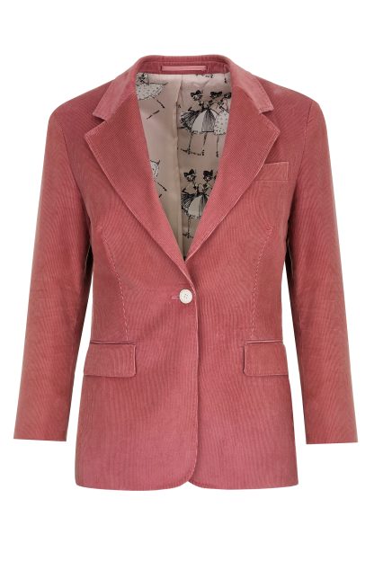 A stylish pink corduroy blazer with a tailored fit. The blazer features a single white button closure, two front flap pockets, and a decorative lining with illustrated patterns. Perfect for an elegant and fashionable look.