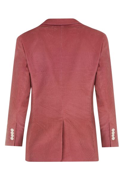 A stylish pink corduroy blazer with a tailored fit. The blazer features a single white button closure, two front flap pockets, and a decorative lining with illustrated patterns. Perfect for an elegant and fashionable look.