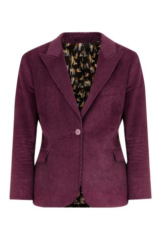 Women blazer in deep purple Italian corduroy fabric with a single-button closure and playful printed lining featuring dog illustrations