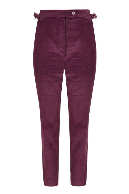 High-waisted tailored trousers in deep purple Italian corduroy fabric, featuring adjustable side buckles and a sleek tapered design.