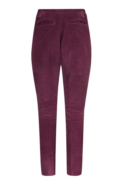 High-waisted tailored trousers in deep purple Italian corduroy fabric, featuring adjustable side buckles and a sleek tapered design.