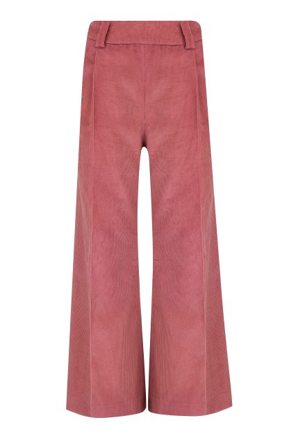 A pair of stylish pink corduroy trousers with a high-waisted design. The trousers feature wide-leg cuts and belt loops for added versatility, perfect for a chic and modern outfit.