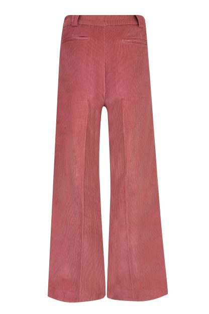 A pair of stylish pink corduroy trousers with a high-waisted design. The trousers feature wide-leg cuts and belt loops for added versatility, perfect for a chic and modern outfit.