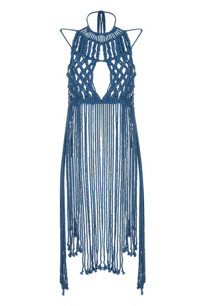 Petroleum blue macramé dress with an intricate knotted pattern on the bodice, featuring a keyhole cutout in the front. The dress has long, free-flowing strands that create a fringed effect, extending from the waist down to the hem, and ties around the neck for a halter-style fit.