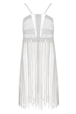 Front view of a stylish gray macramé dress with intricate woven details and long fringe accents, featuring thin shoulder straps and a deep V-neck design.