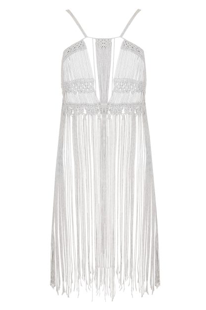 Front view of a stylish gray macramé dress with intricate woven details and long fringe accents, featuring thin shoulder straps and a deep V-neck design.