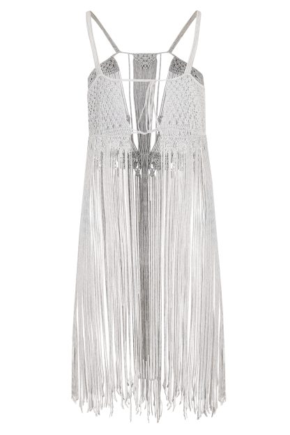 Back view of a stylish gray macramé dress with intricate woven details and long fringe accents, featuring thin shoulder straps and a deep V-neck design.