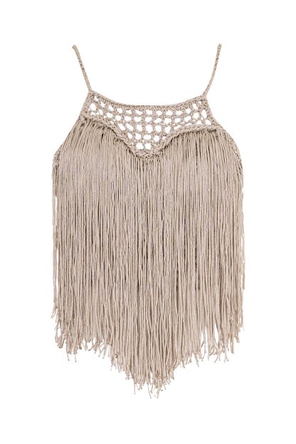 Beige macramé bustier with intricate crochet detailing at the top and long, flowing fringe strands cascading from the chest, creating a bohemian and elegant look.