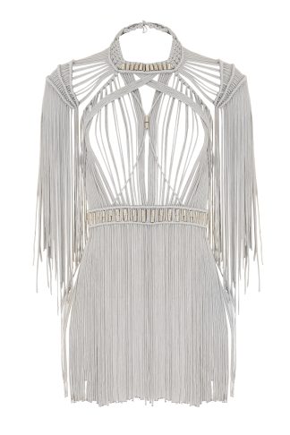 Close-up of a silver macramé dress with a flowing silhouette, featuring intricate bead detailing at the neckline and waist, and elegant fringes along the sleeves.