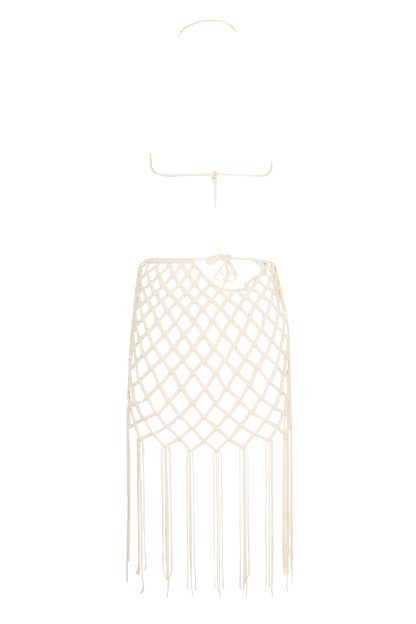 This image showcases a two-piece macramé set in an off-white color looked from the back. The set exudes a coastal, bohemian charm, perfect for summer events or beachwear.