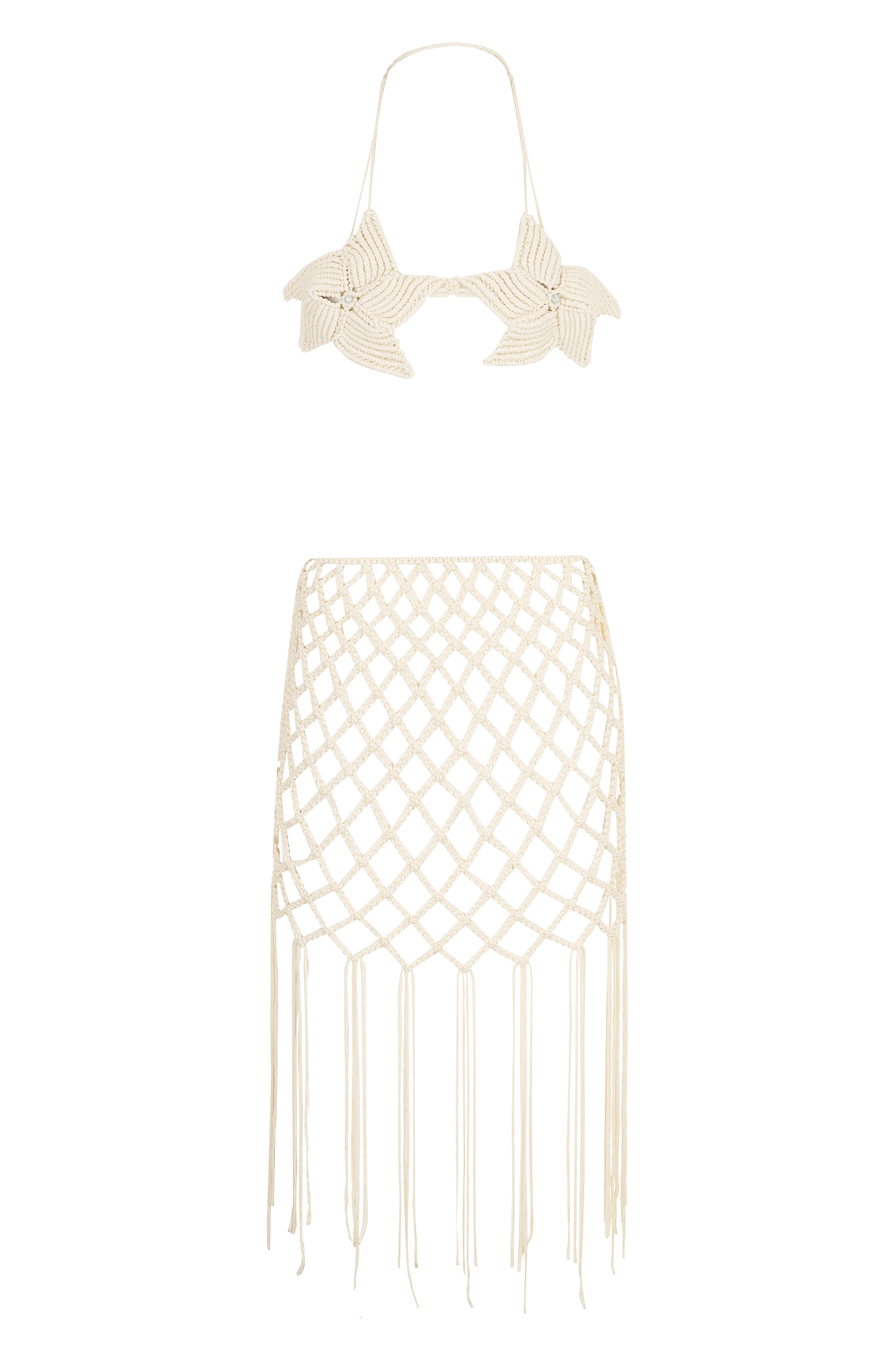 Front view of Mermaid’s Dreams Macramé Set with starfish-shaped bustier and woven fringe skirt in off-white, perfect for summer and boho style.