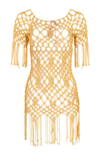 Front view of Goldfish Charm Macramé Dress in mustard yellow with fringe hem and adjustable back tie
