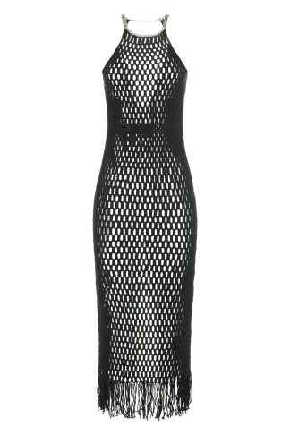 Black Midnight Net Macramé Dress – front view, fringe hem, halter neckline.