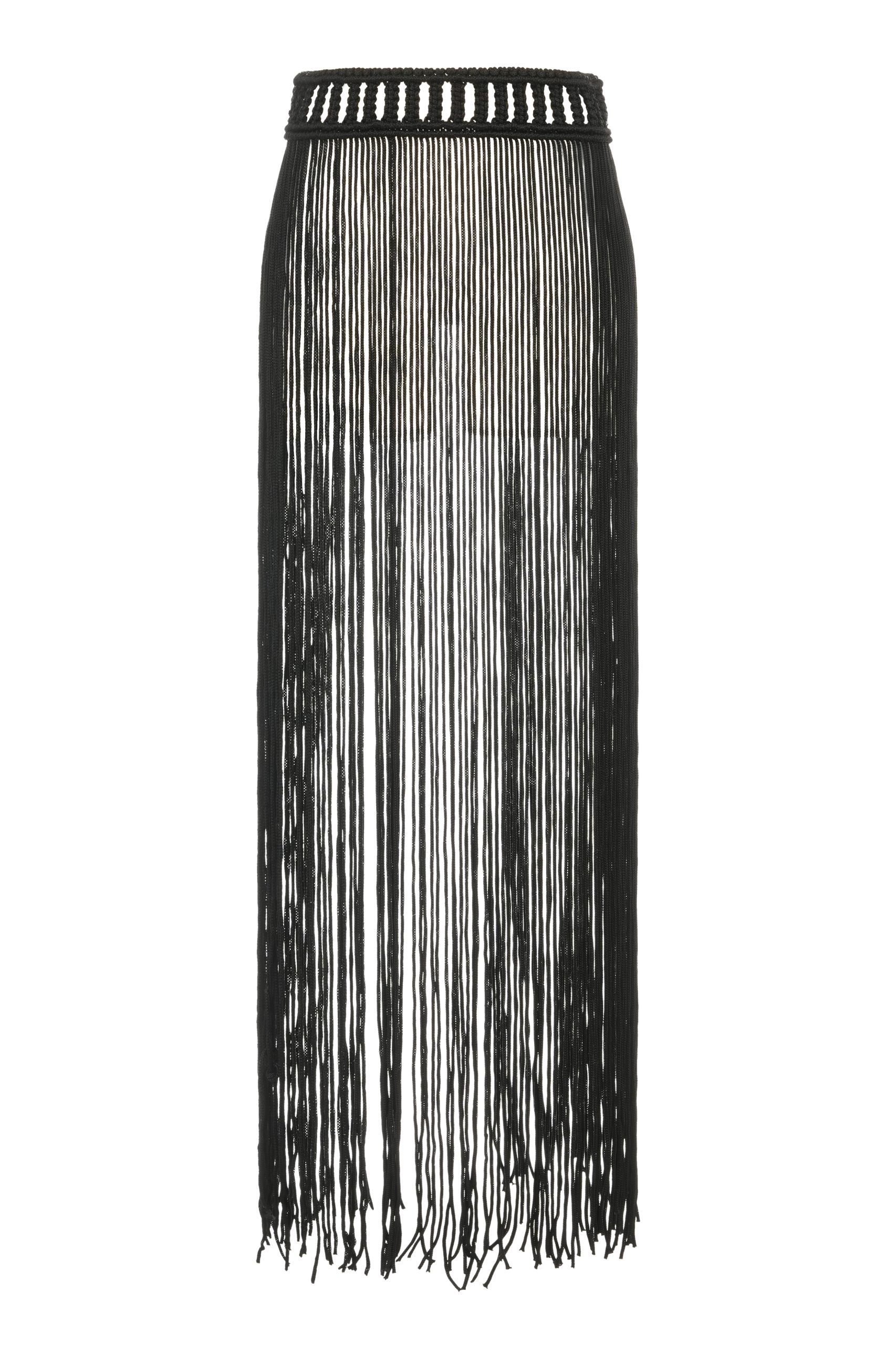 Long black fringed belt with intricate woven waistband set against a white background. Perfect for bohemian fashion and stylish summer outfits.