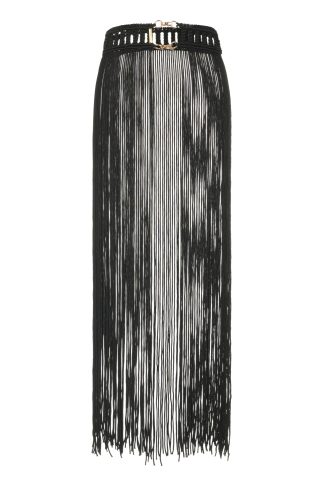Black fringe belt with intricate high waistband design stylishly hanging with long strands creating a trendy elegant look perfect for modern fashion ensembles.