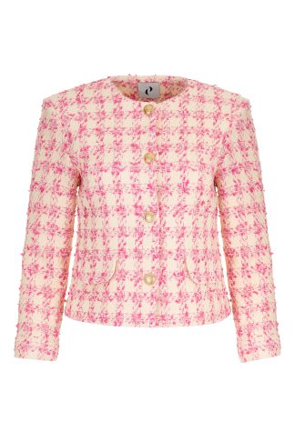 Women's pink and white houndstooth blazer made from textured tweed fabric featuring a classic round neckline and gold buttons suitable for elegant and chic fashion styling.