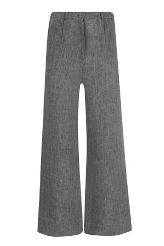 Wide-leg gray denim pants with a high waist and button closure creating a stylish and comfortable fit suitable for casual or formal occasions ideal for versatile wear